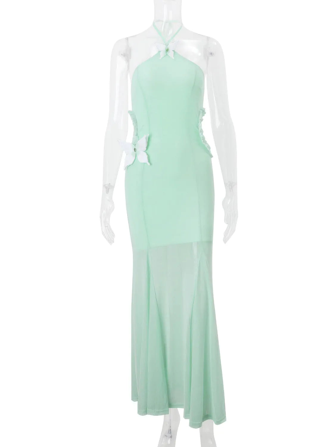 Mint green dress on a mannequin against a white background. #Color_Green