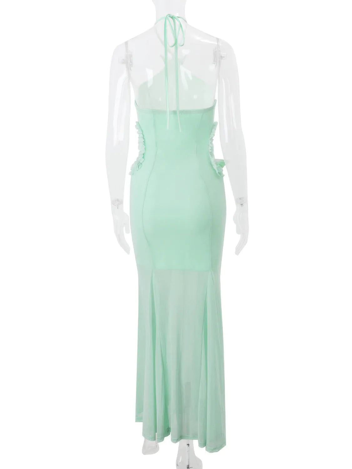 Mint green dress with sheer sleeves on a white background. #Color_Green