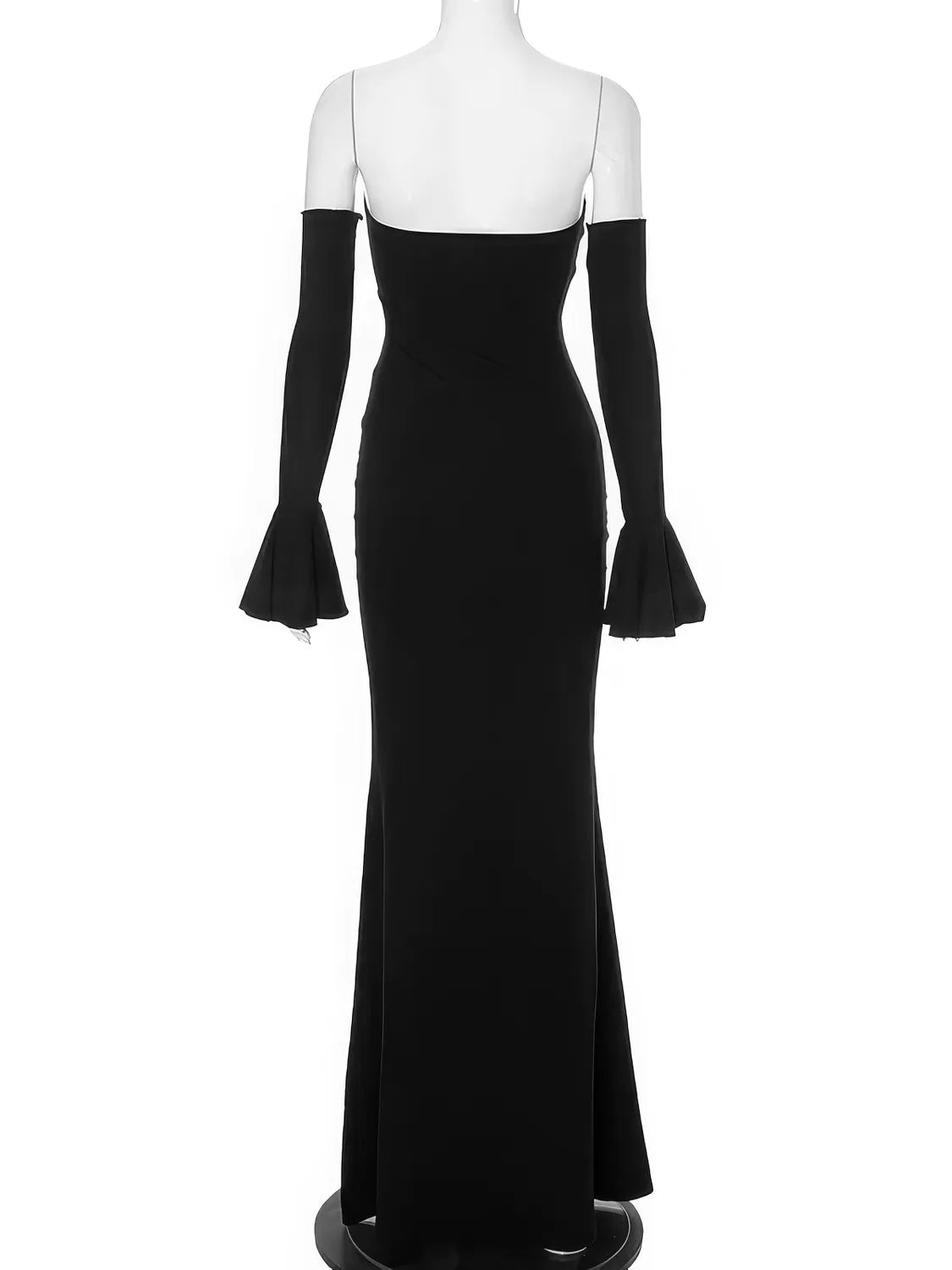 Black off-shoulder gown with long sleeves on a mannequin against a white background. #Color_Black