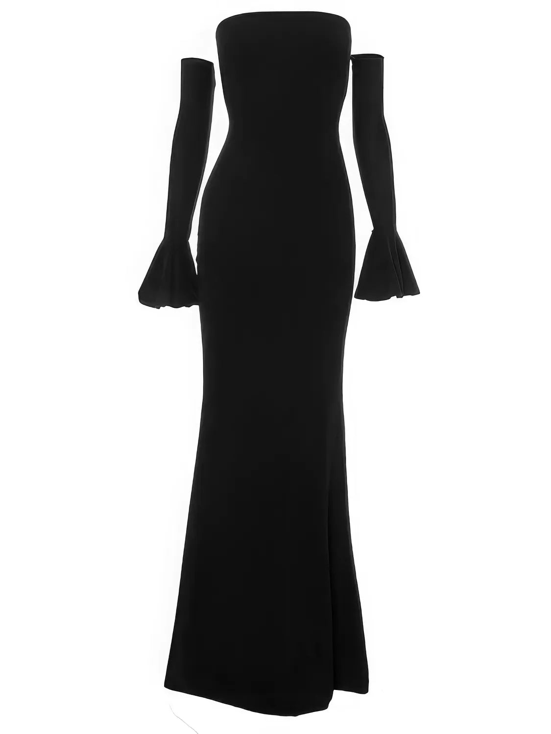 Black off-shoulder gown with long sleeves on a white background. #Color_Black