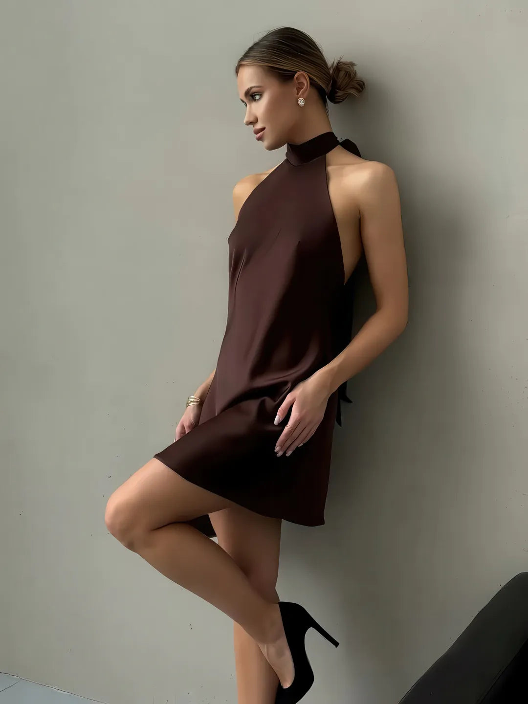 Solid Color Halter Sleeveless Short Dress
