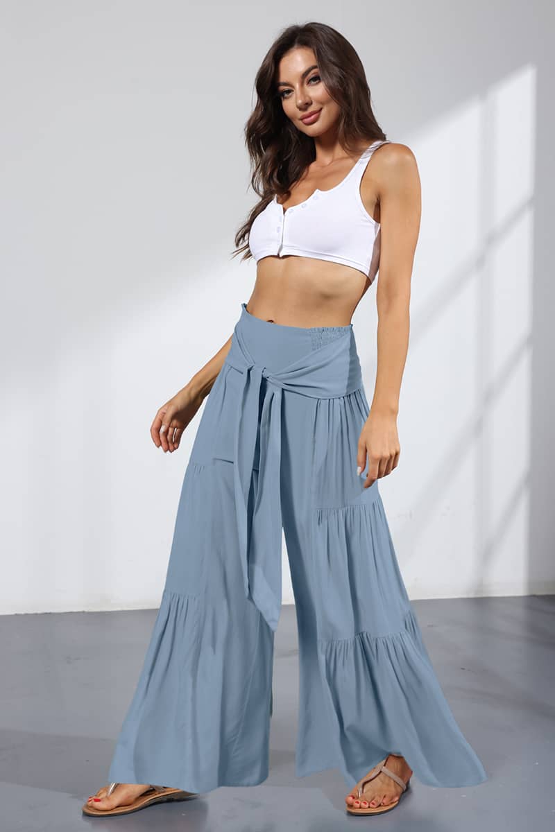 Lace-up elasticated waist pleated wide-leg pants
