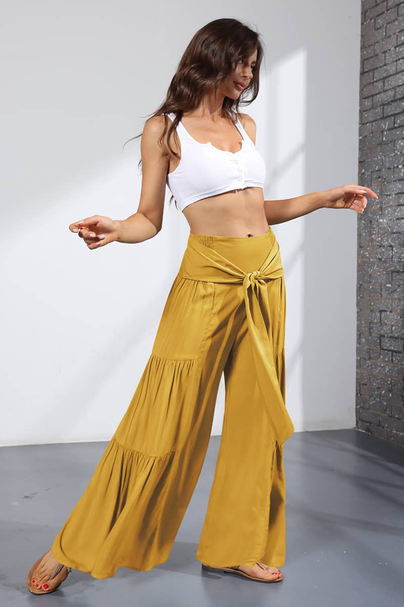 Lace-up elasticated waist pleated wide-leg pants