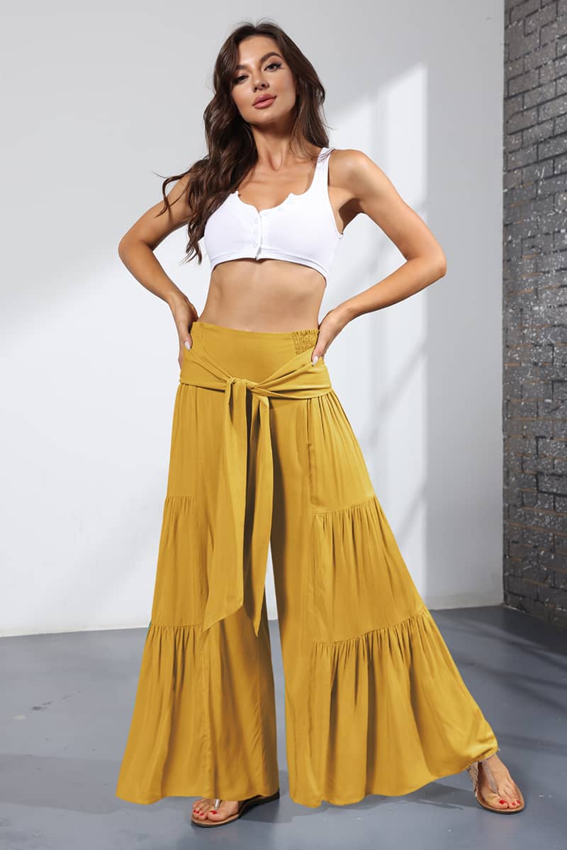 Lace-up elasticated waist pleated wide-leg pants