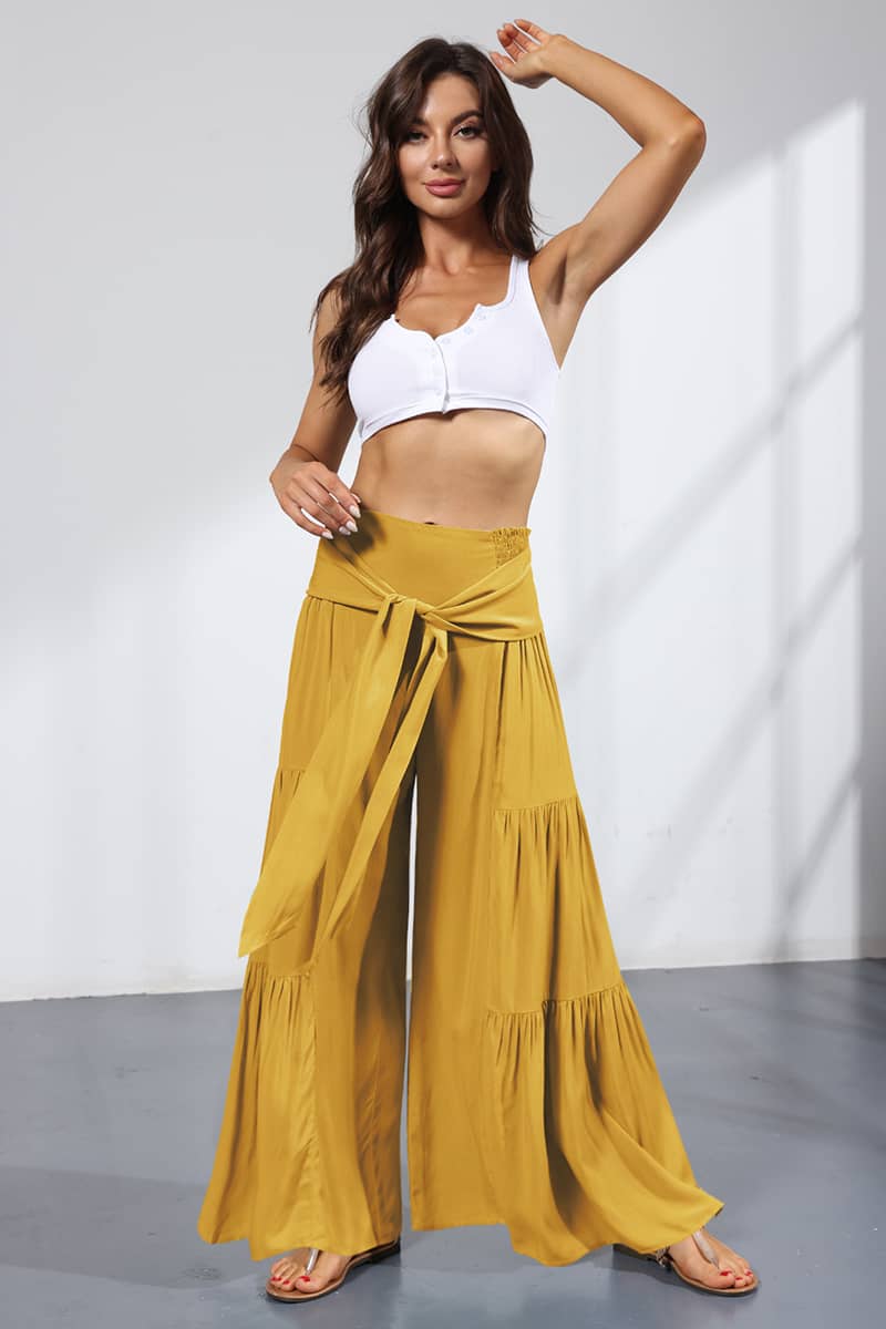 Lace-up elasticated waist pleated wide-leg pants