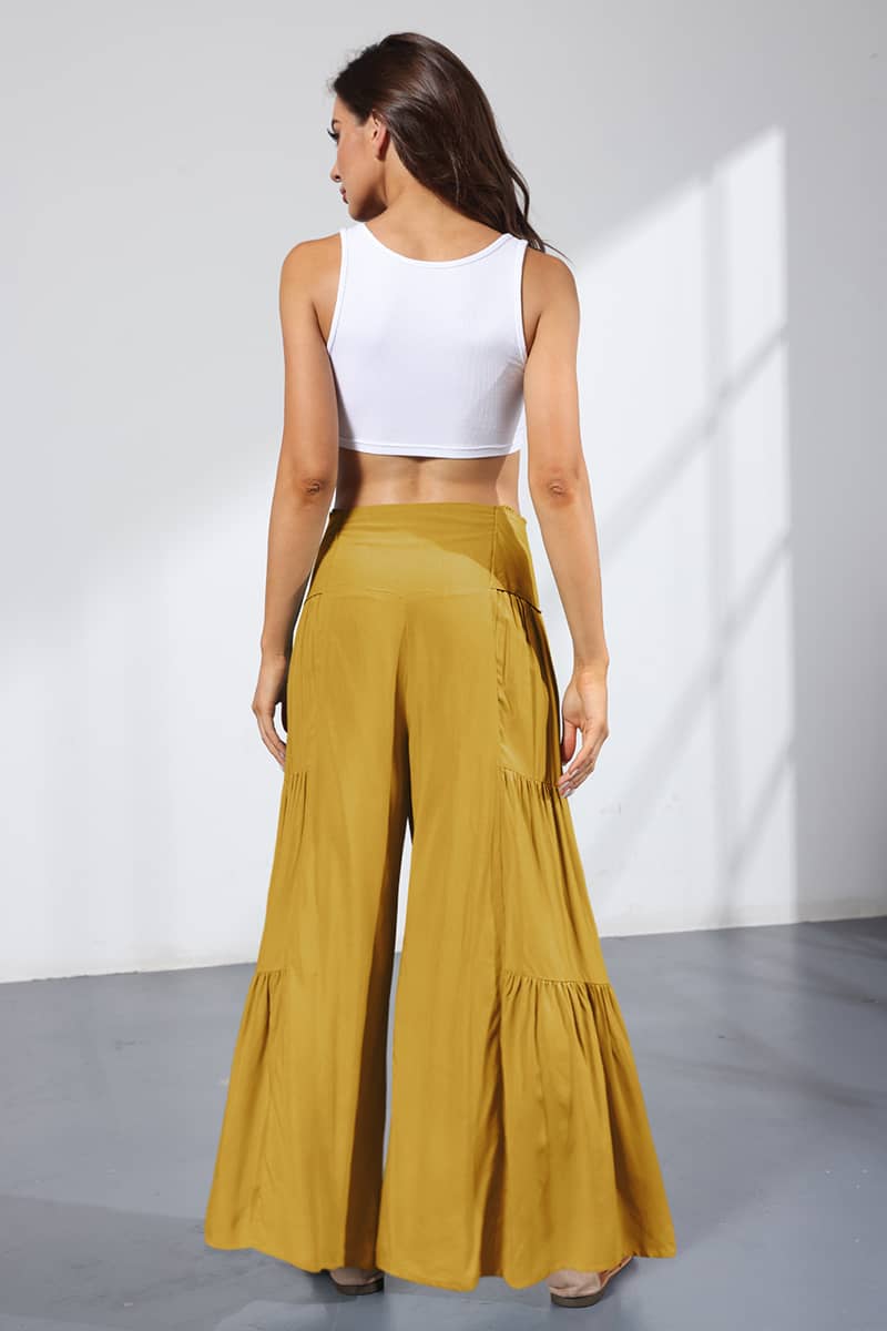Lace-up elasticated waist pleated wide-leg pants