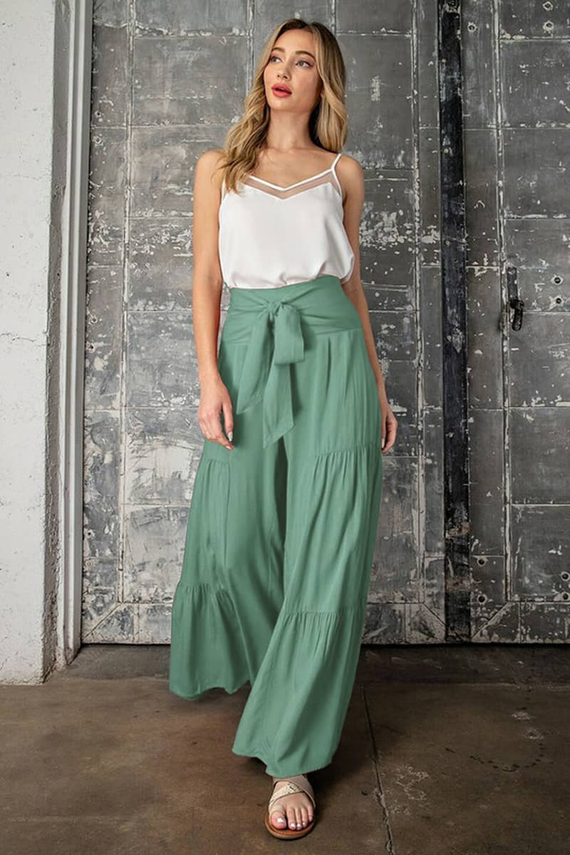 Lace-up elasticated waist pleated wide-leg pants