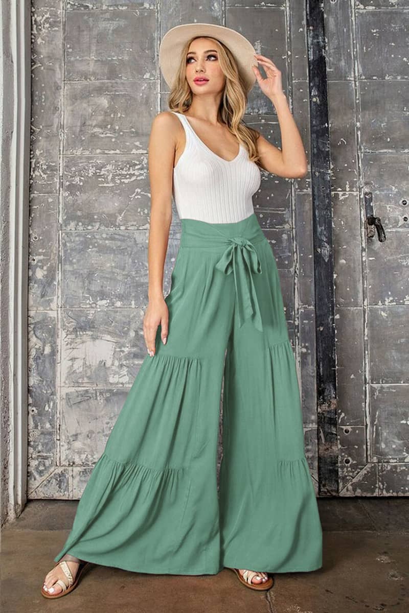 Lace-up elasticated waist pleated wide-leg pants
