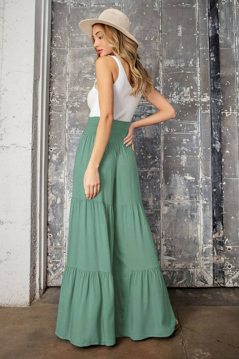 Lace-up elasticated waist pleated wide-leg pants