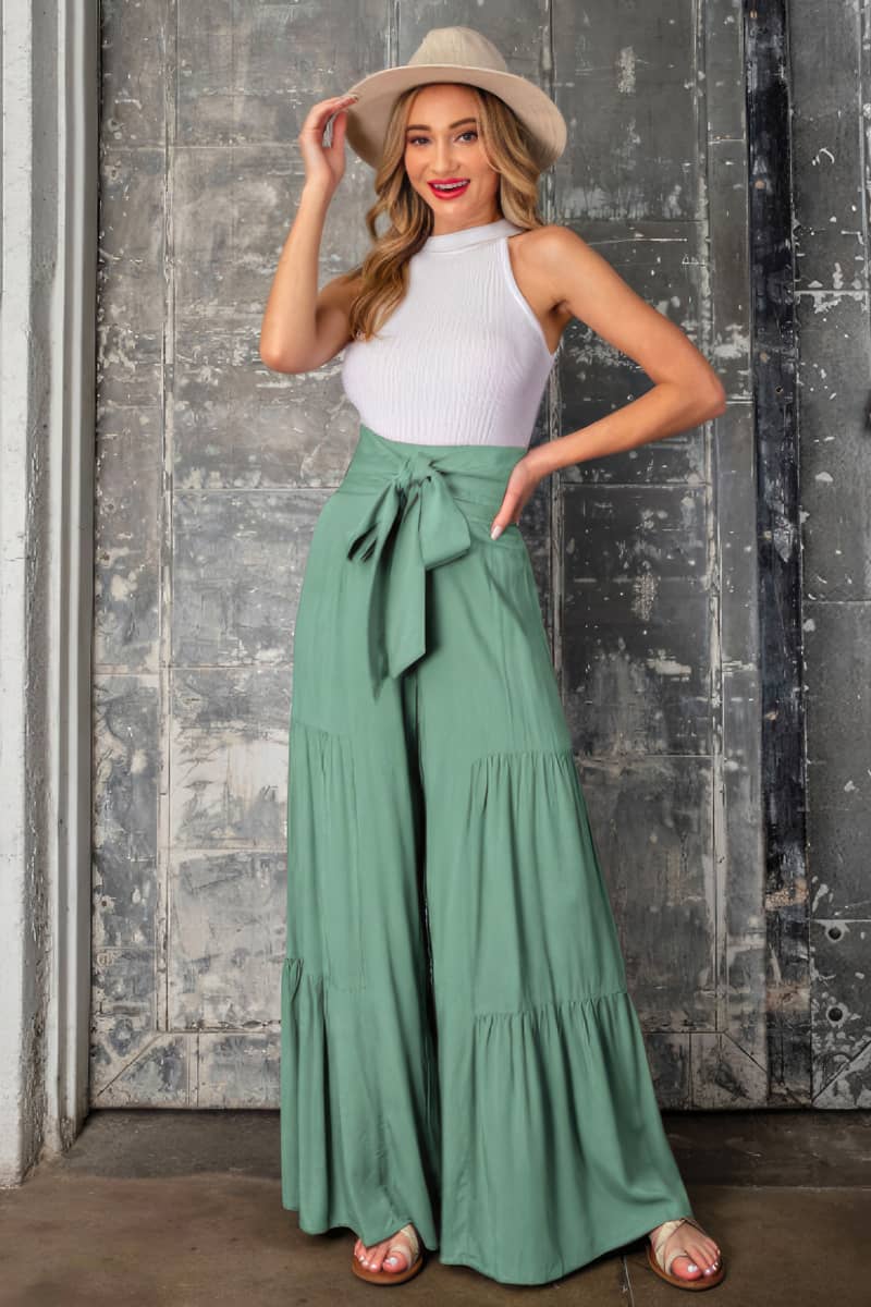 Lace-up elasticated waist pleated wide-leg pants