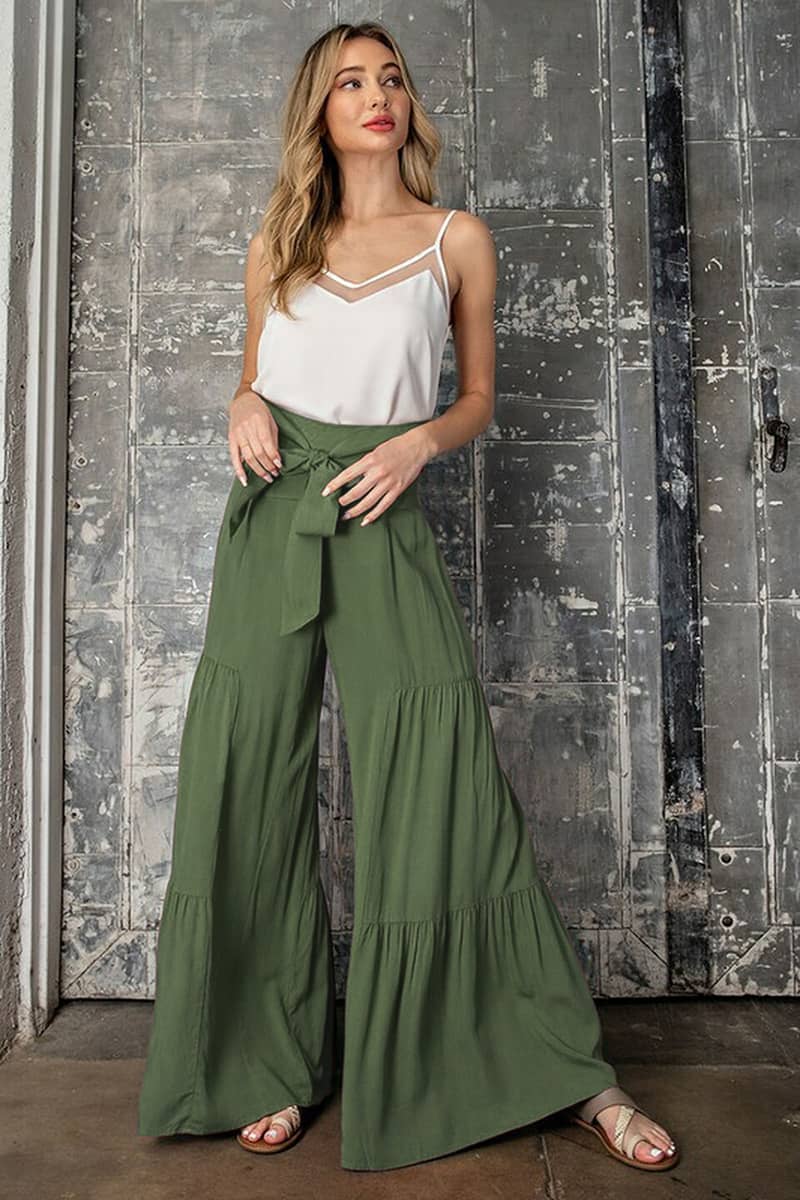 Lace-up elasticated waist pleated wide-leg pants