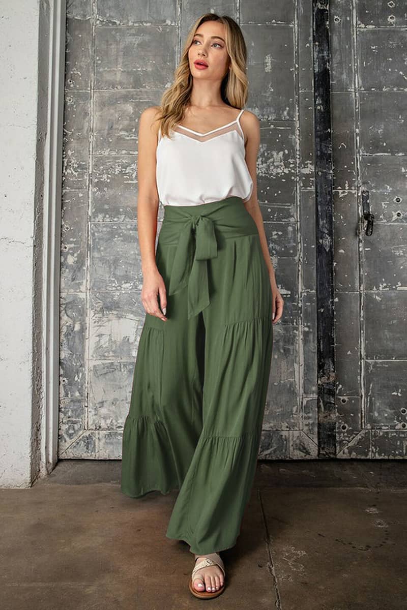 Lace-up elasticated waist pleated wide-leg pants