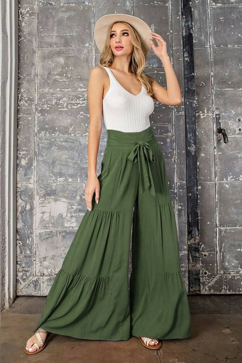 Lace-up elasticated waist pleated wide-leg pants