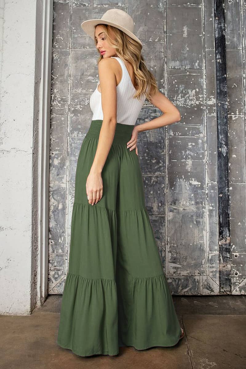 Lace-up elasticated waist pleated wide-leg pants
