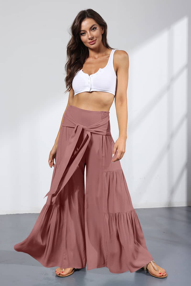 Lace-up elasticated waist pleated wide-leg pants