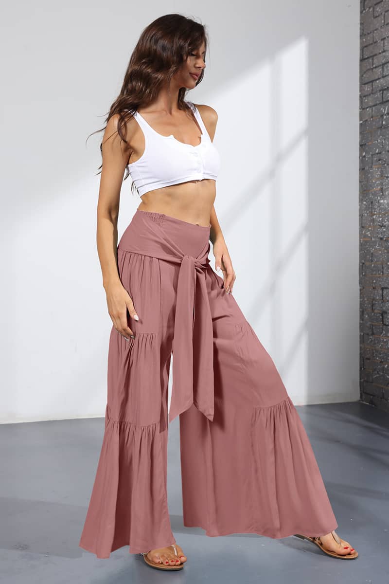 Lace-up elasticated waist pleated wide-leg pants