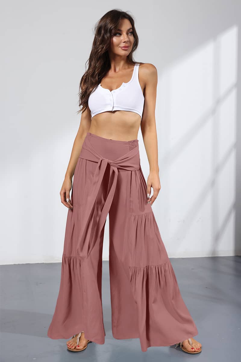 Lace-up elasticated waist pleated wide-leg pants