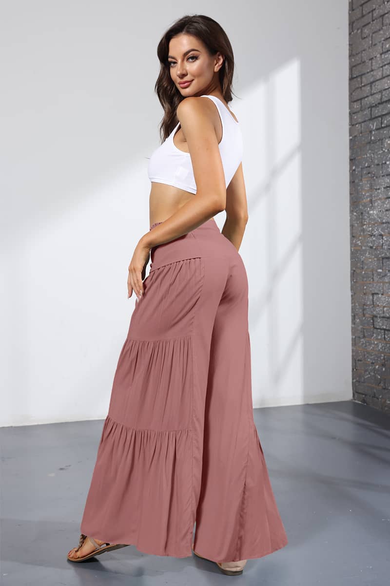 Lace-up elasticated waist pleated wide-leg pants