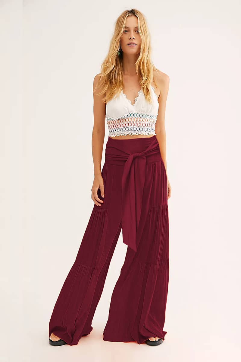 Lace-up elasticated waist pleated wide-leg pants