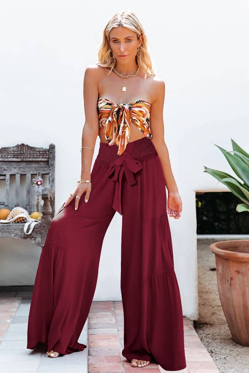 Lace-up elasticated waist pleated wide-leg pants