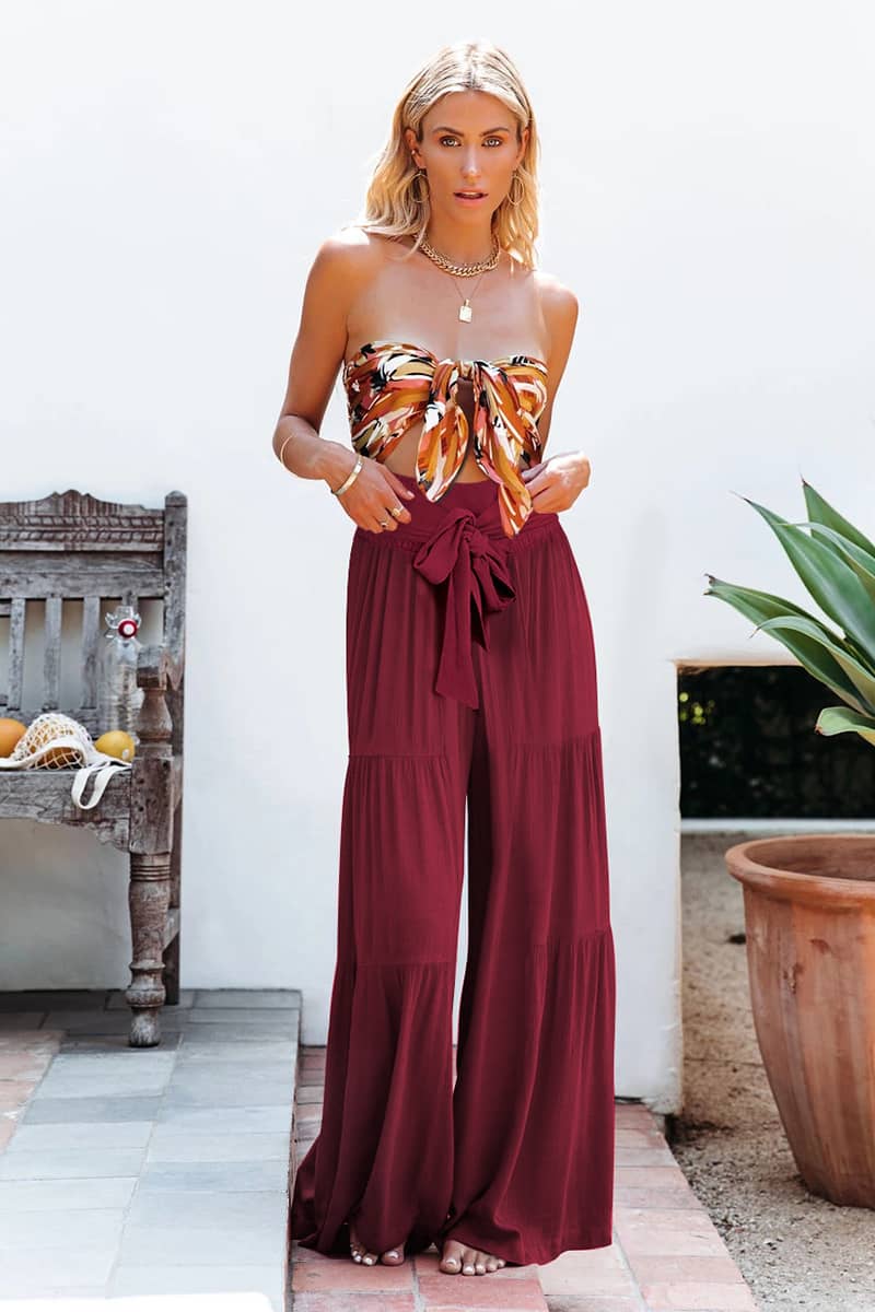 Lace-up elasticated waist pleated wide-leg pants