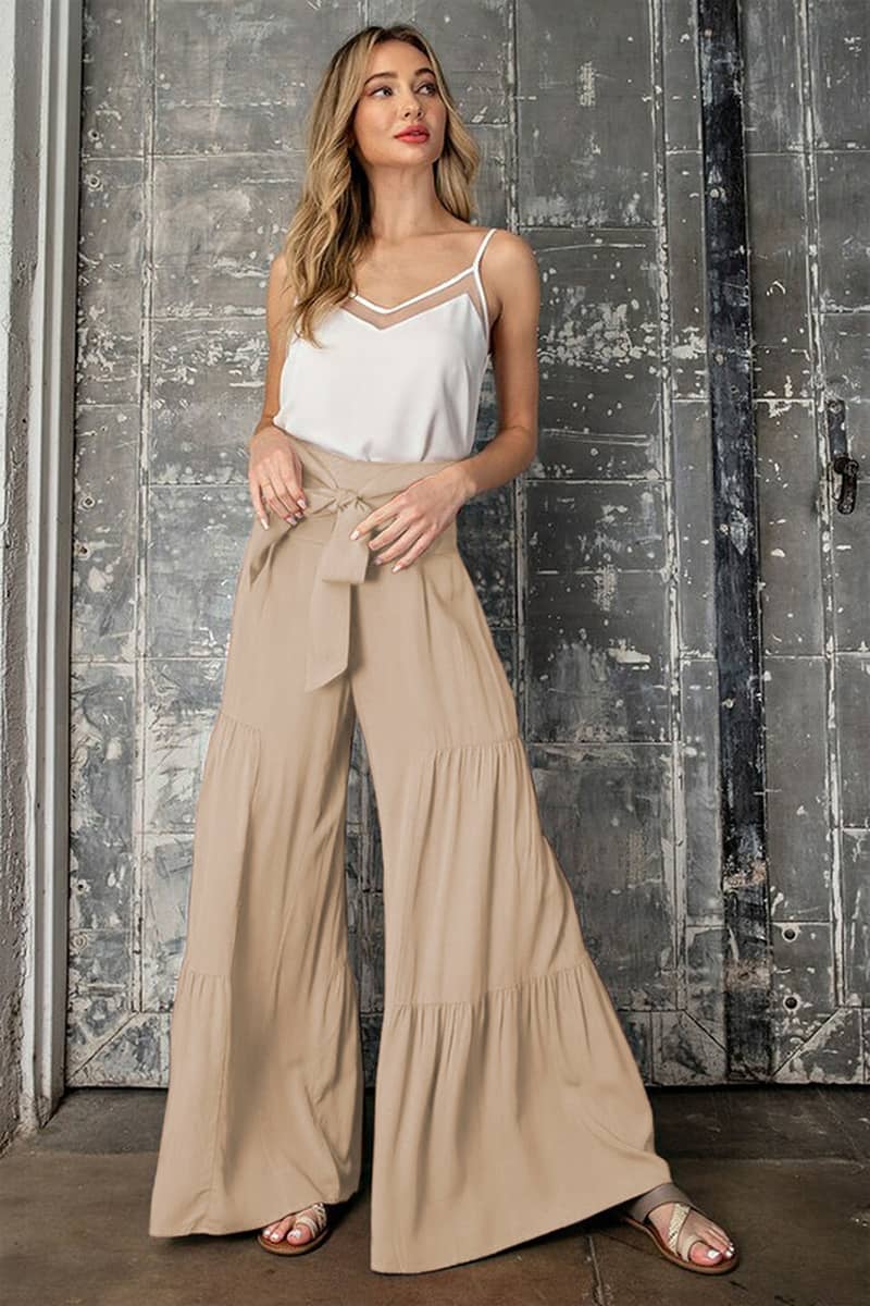 Lace-up elasticated waist pleated wide-leg pants
