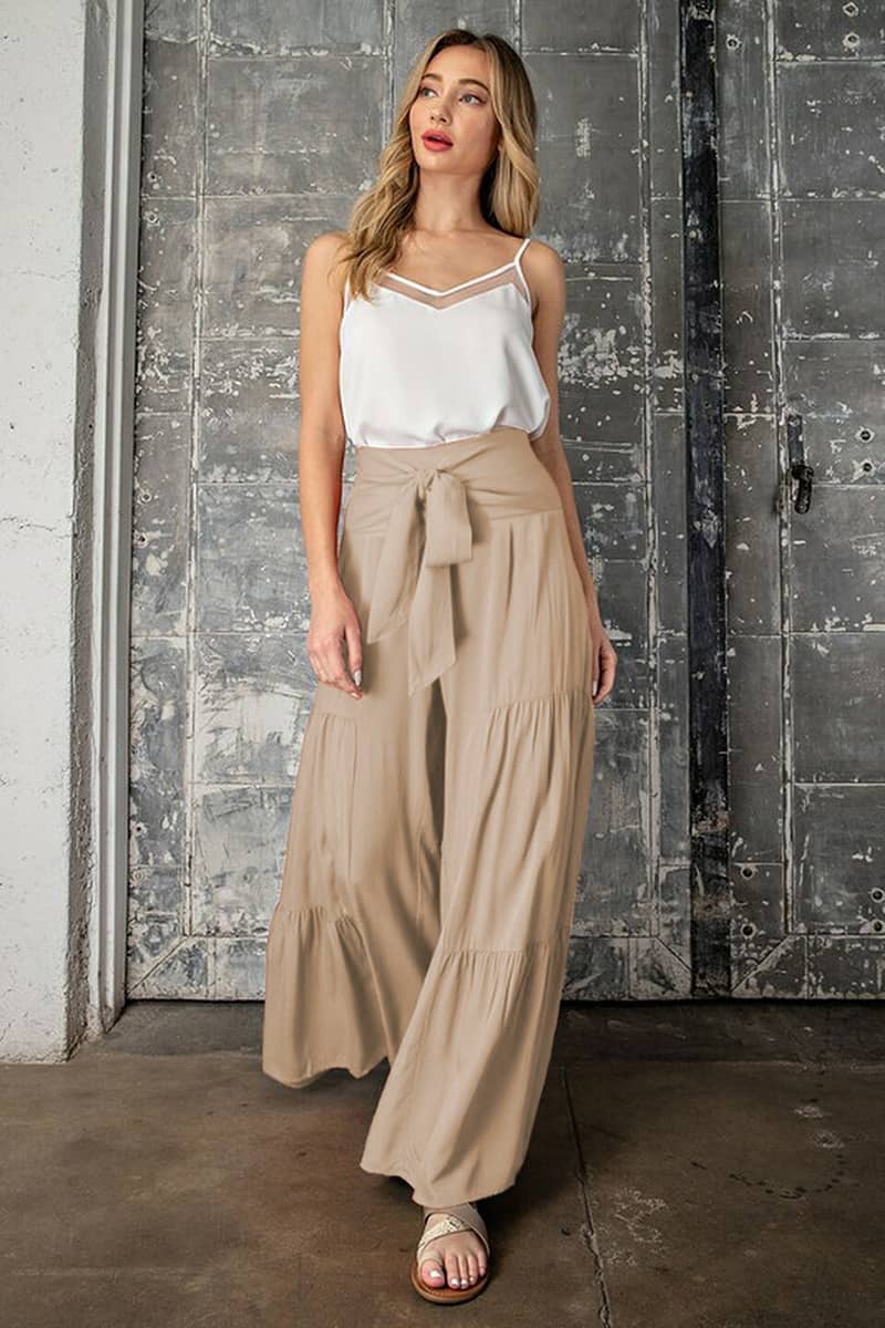 Lace-up elasticated waist pleated wide-leg pants