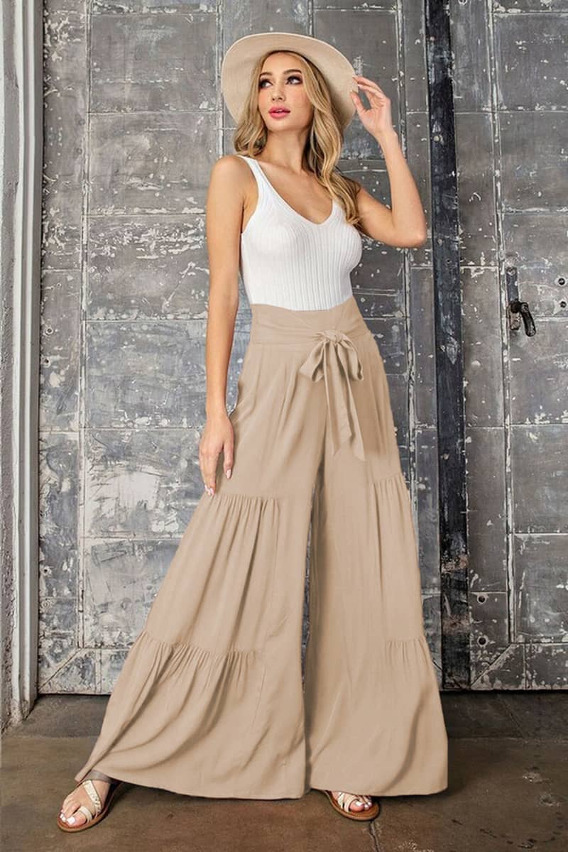 Lace-up elasticated waist pleated wide-leg pants