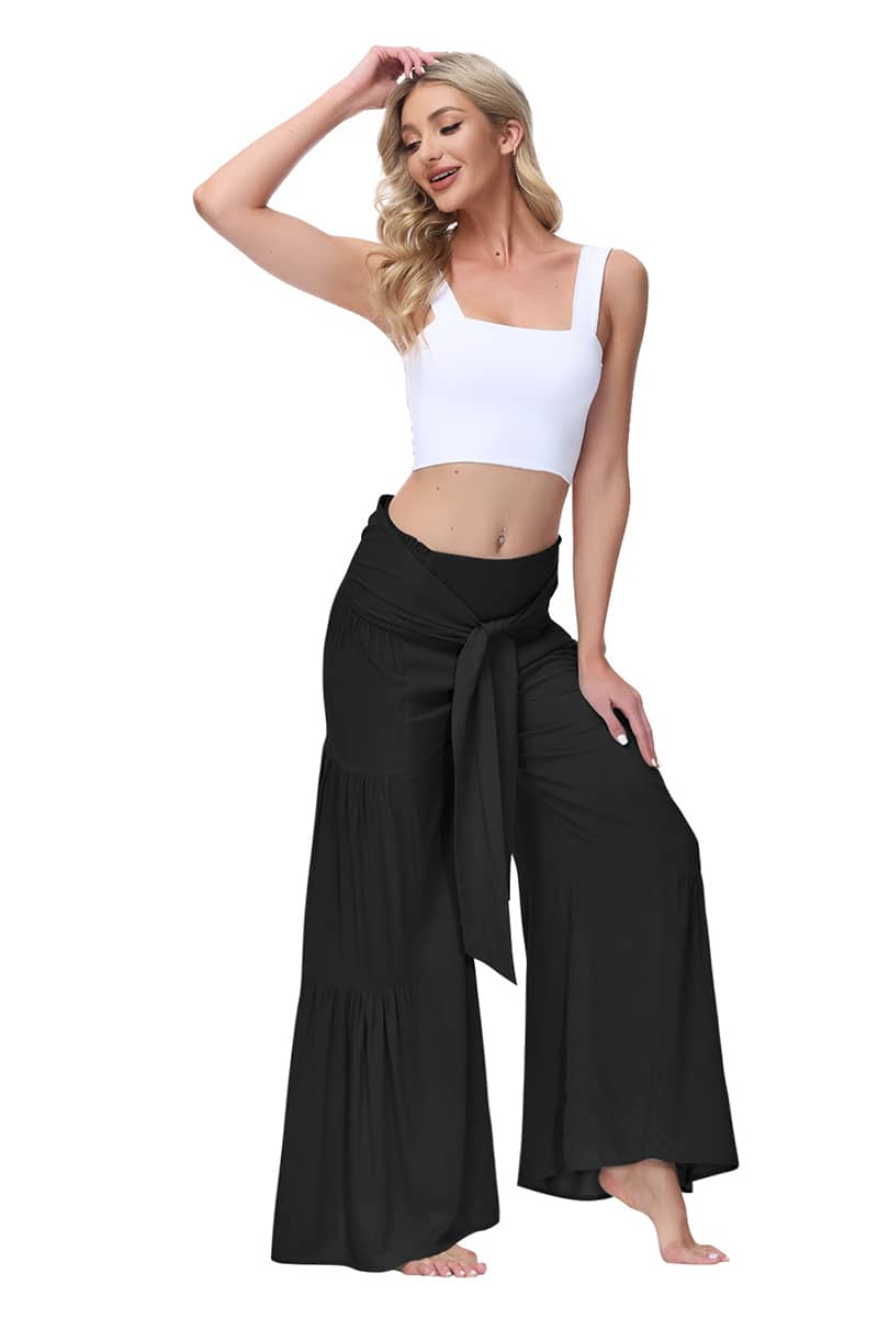 Lace-up elasticated waist pleated wide-leg pants