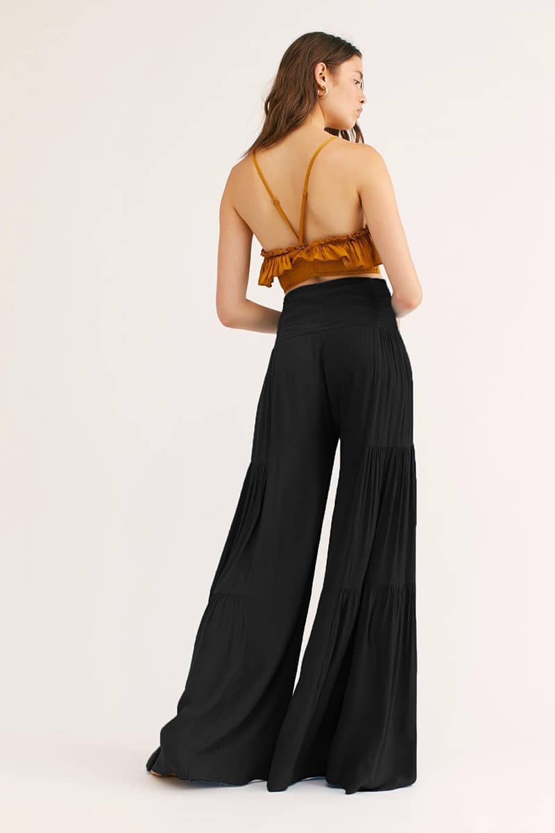 Lace-up elasticated waist pleated wide-leg pants