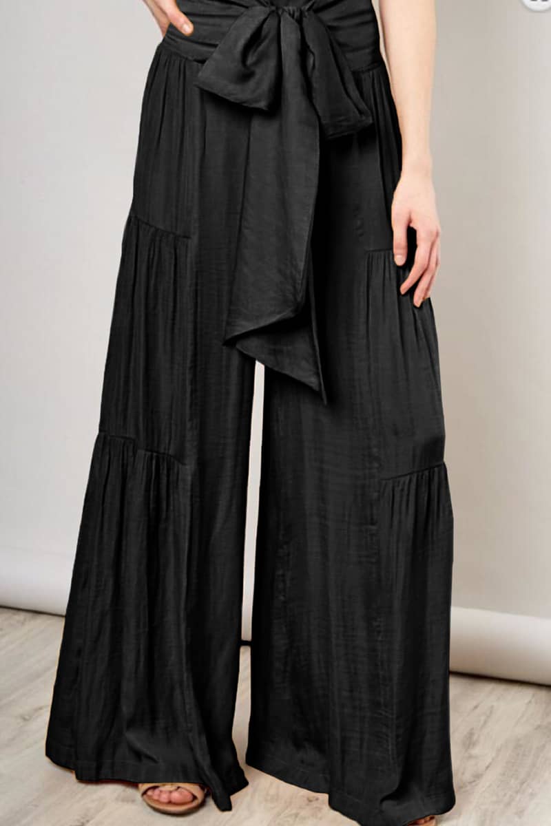 Lace-up elasticated waist pleated wide-leg pants