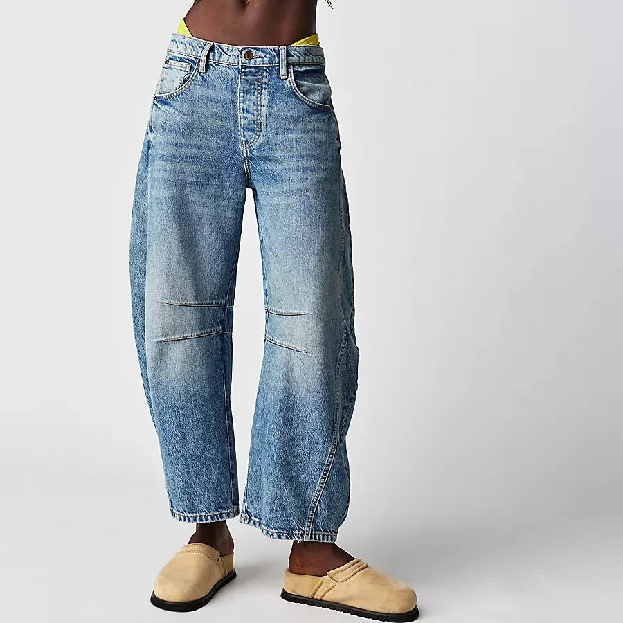 Loose wide-leg mid-low waist denim trousers
