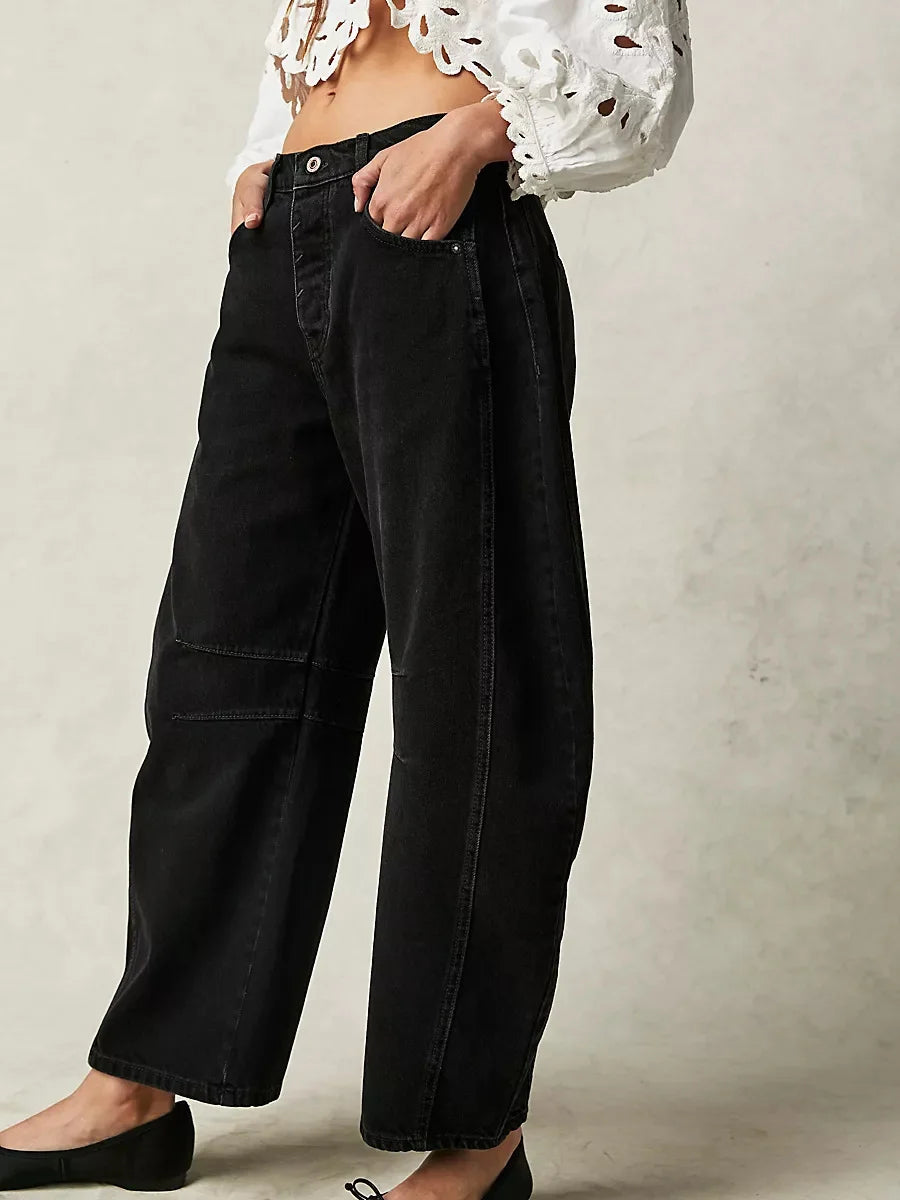 Loose wide-leg mid-low waist denim trousers