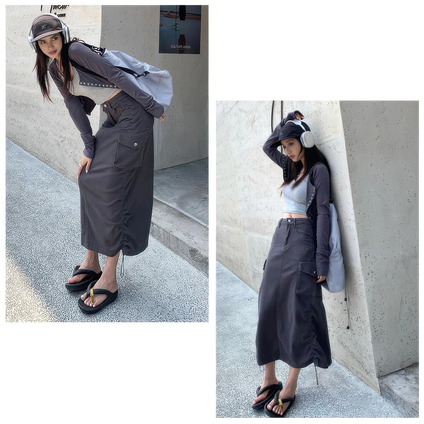 Woman in a casual outfit with a long dark skirt, light top, and sandals, leaning against a wall. #Color_Gray