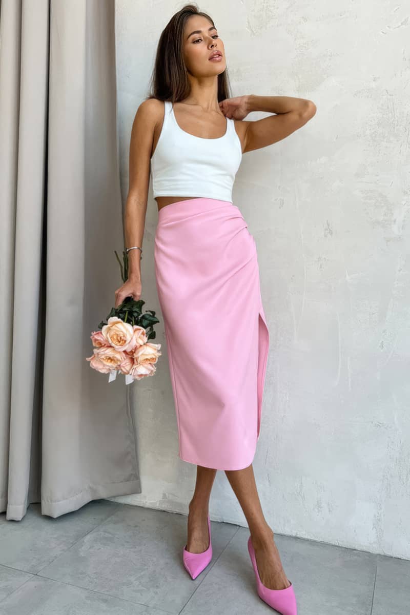 Pink Slim-fit Split Hem Midi Skirt