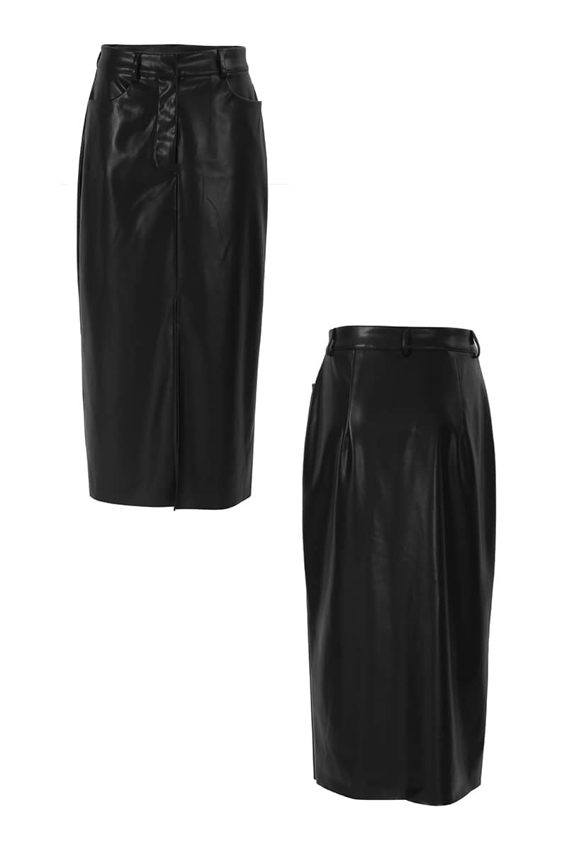 Slit black high waist straight PU skirt