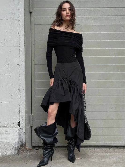 Ruffled Cotton Asymmetrical Skirt