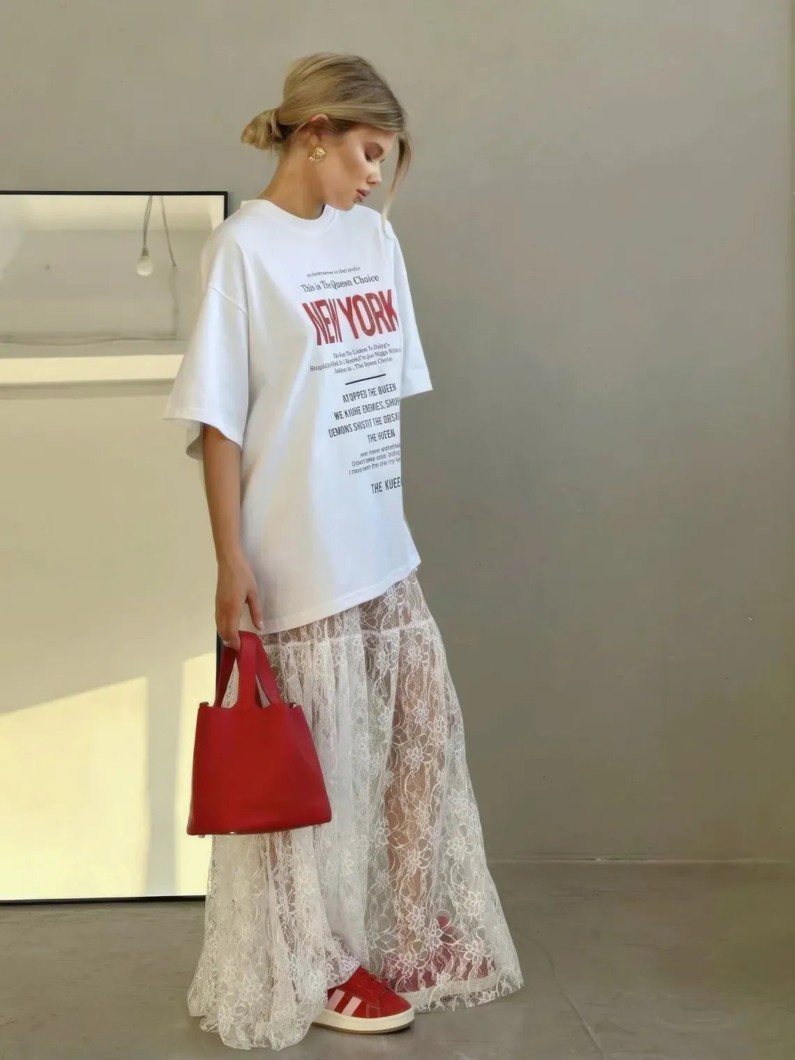 Lace Sheer White Jacquard High-Waist Skirt