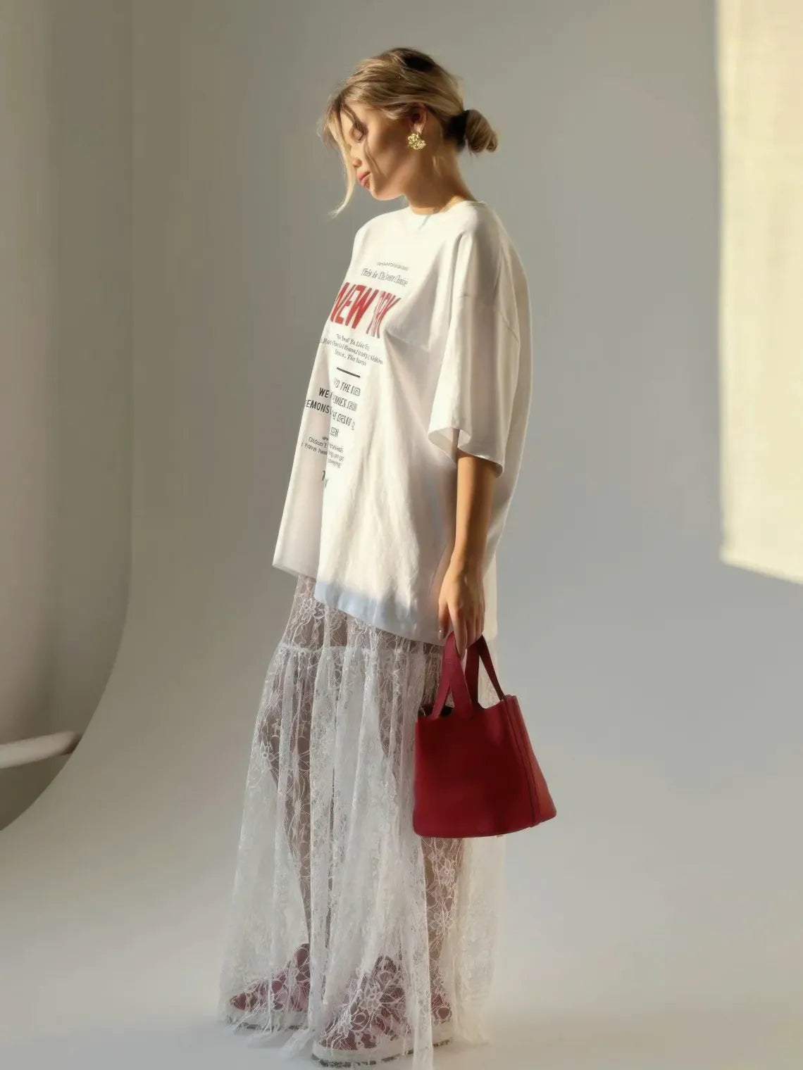 Lace Sheer White Jacquard High-Waist Skirt