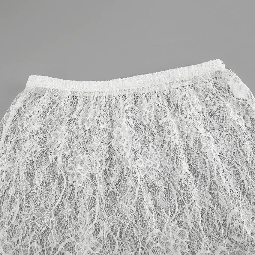 Lace Sheer White Jacquard High-Waist Skirt