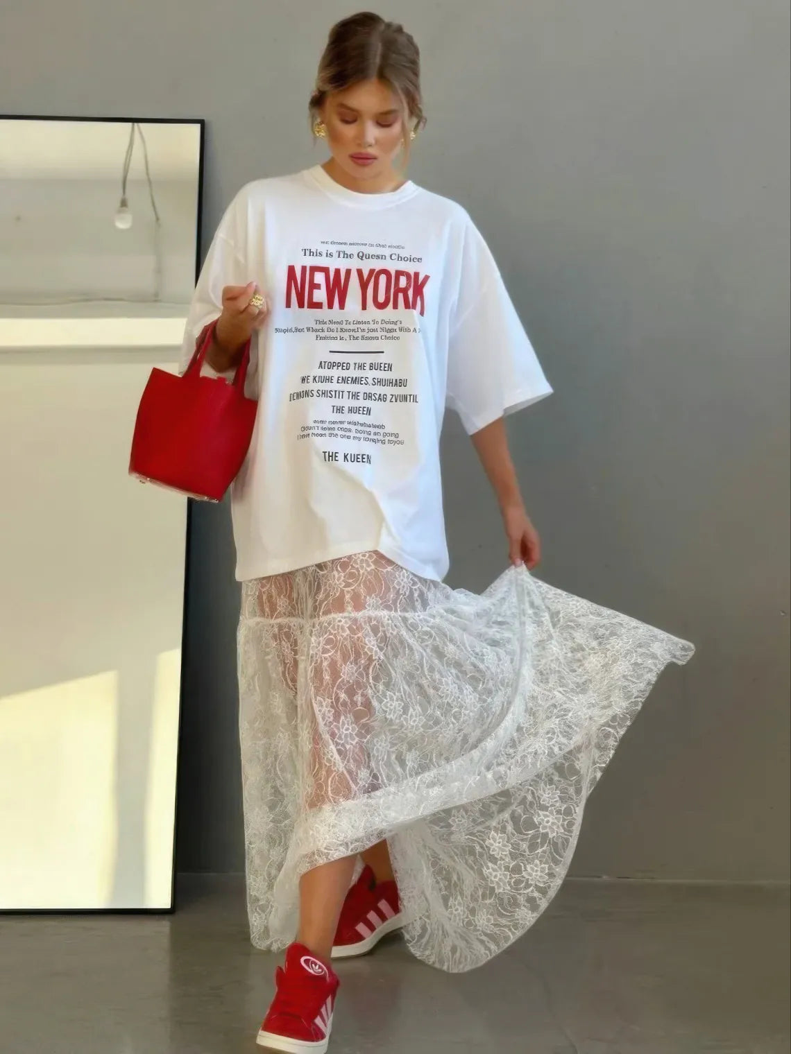 Lace Sheer White Jacquard High-Waist Skirt