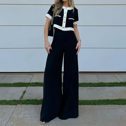 Short-sleeved top and straight pants two-piece set