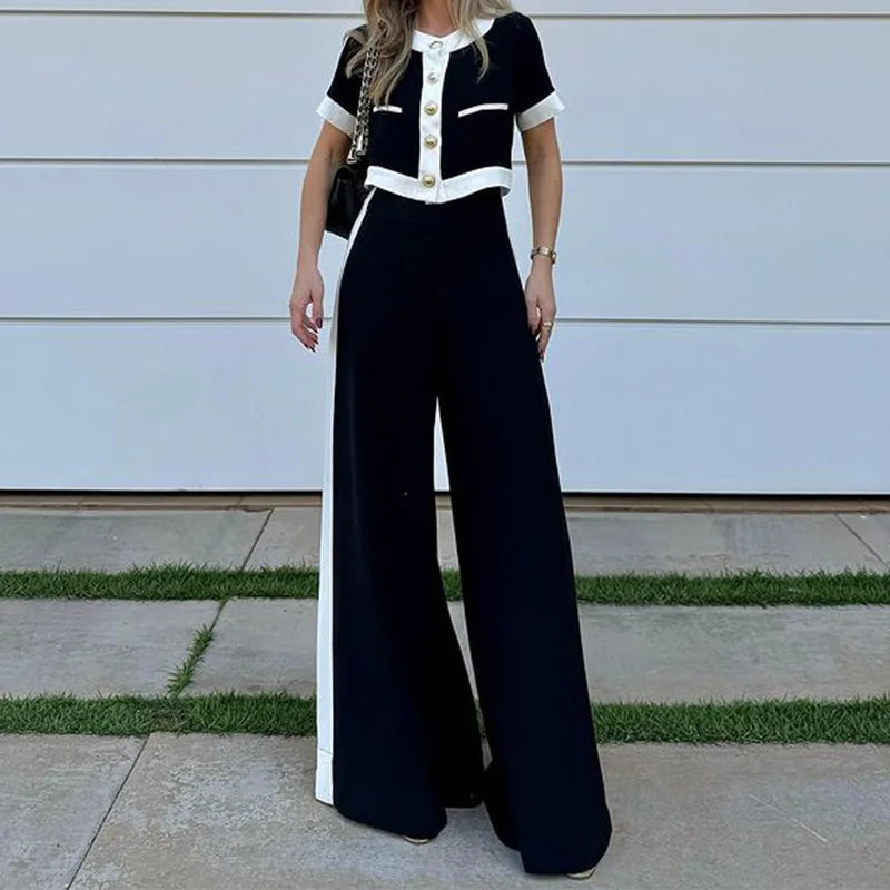 Short-sleeved top and straight pants two-piece set