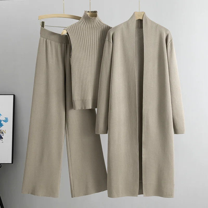 Knitted sleeveless vest sweater cardigan pants three-piece set