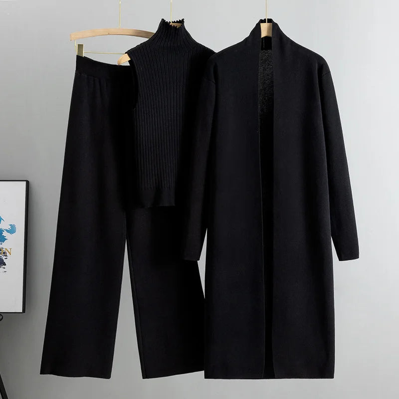 Knitted sleeveless vest sweater cardigan pants three-piece set