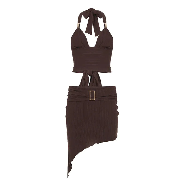Haltering Neck V-Neck Backless Vest Skirt Two-Piece Set