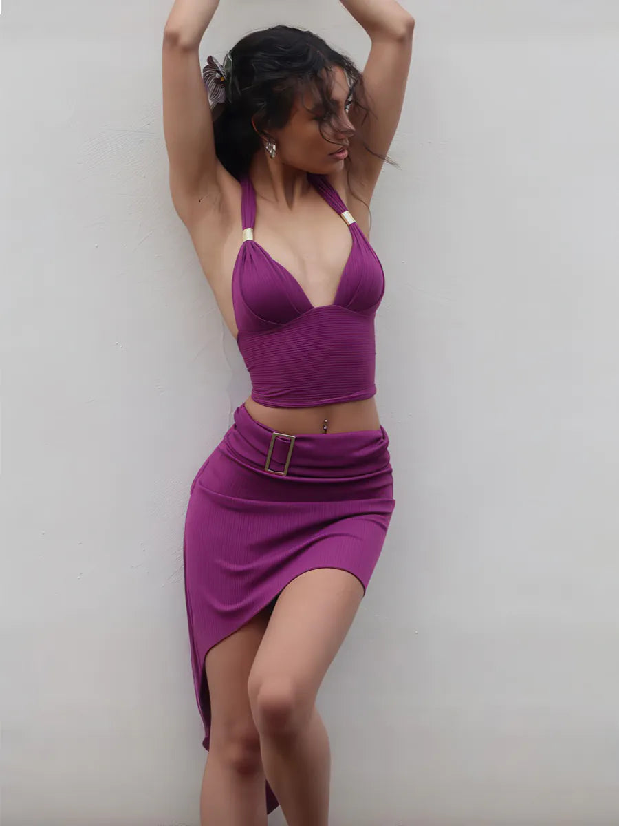 Haltering Neck V-Neck Backless Vest Skirt Two-Piece Set