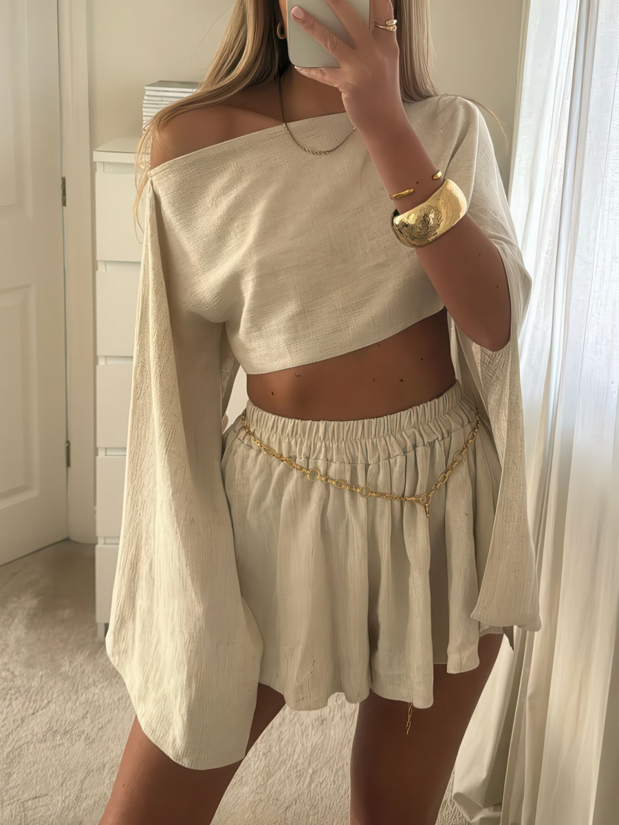 Linen Long Sleeve Top + Shorts Set for Women