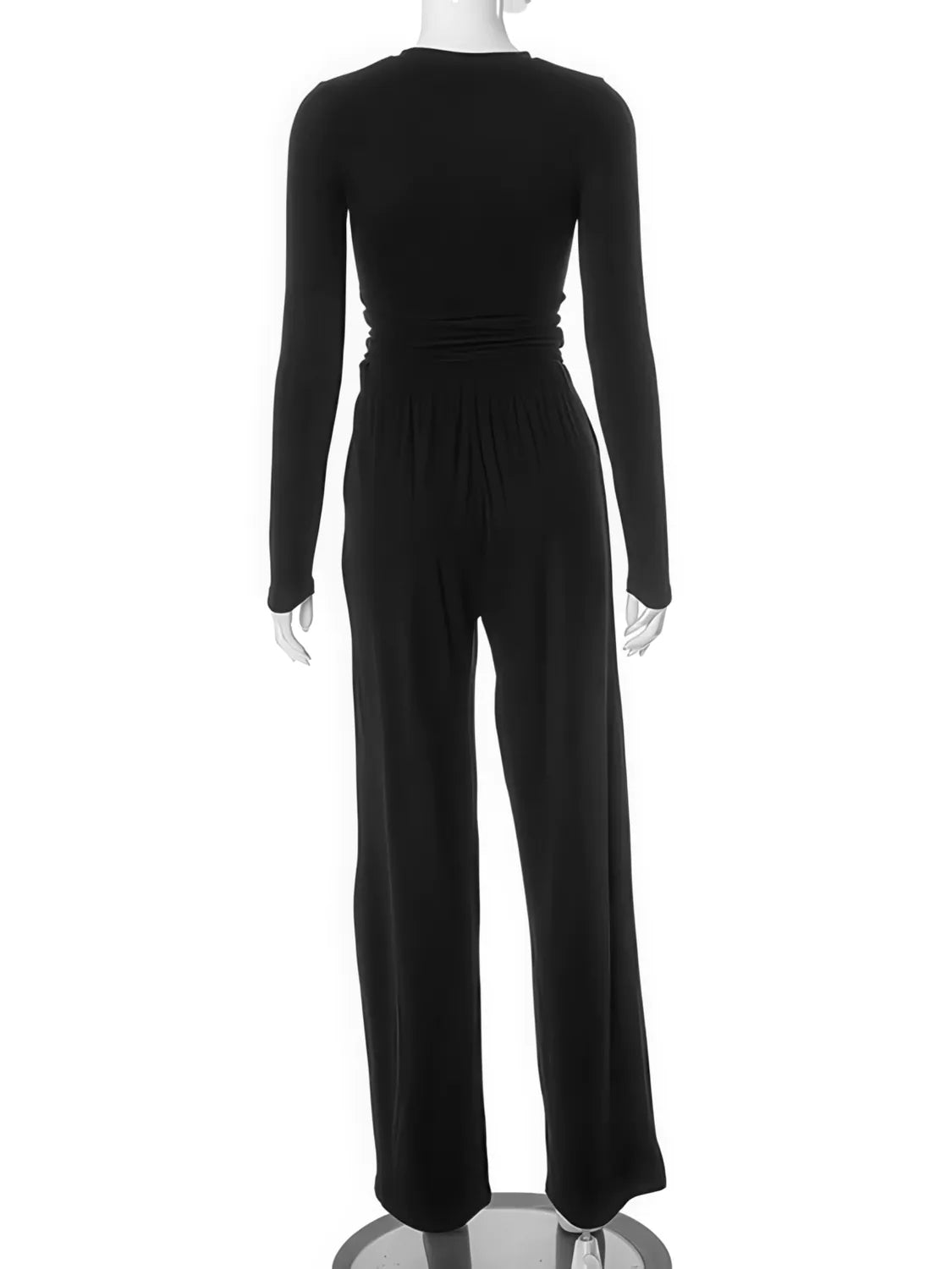 Black jumpsuit on a mannequin against a white background. #Color_Black