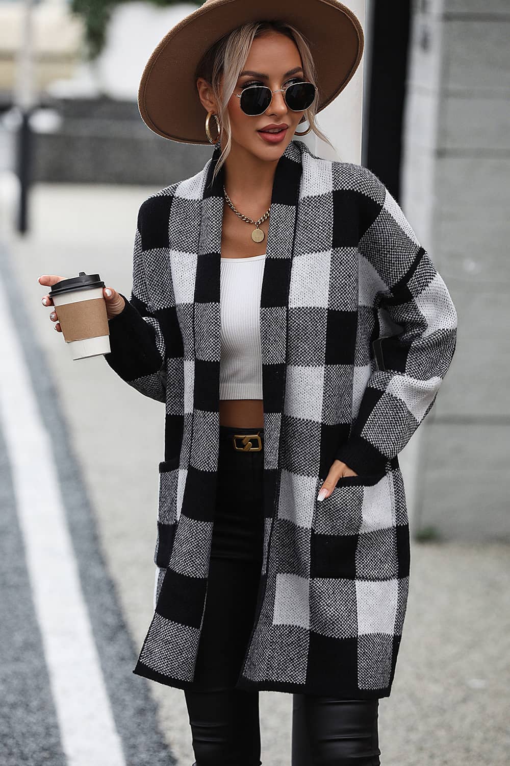 Plaid Color Block Knitted Cardigan Sweater